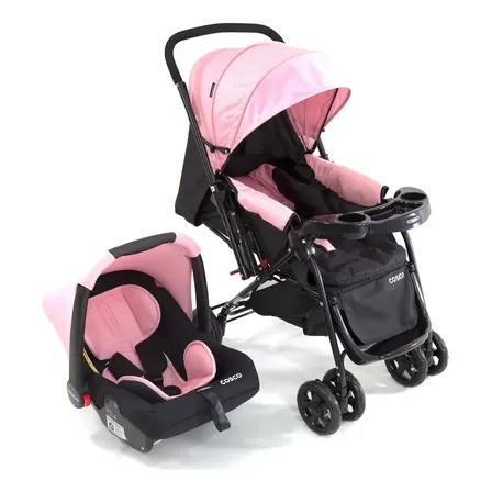 Carrinho Bebê Alça Reversível + Bebê Conforto Reverse Cosco Cor Rosa Preto