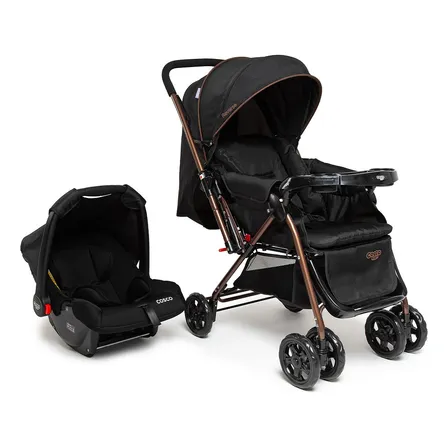 Conjunto Travel System Reverse Duo Preto Bronze, Carrinho De Bebê + Bebe Conforto Cosco Kids